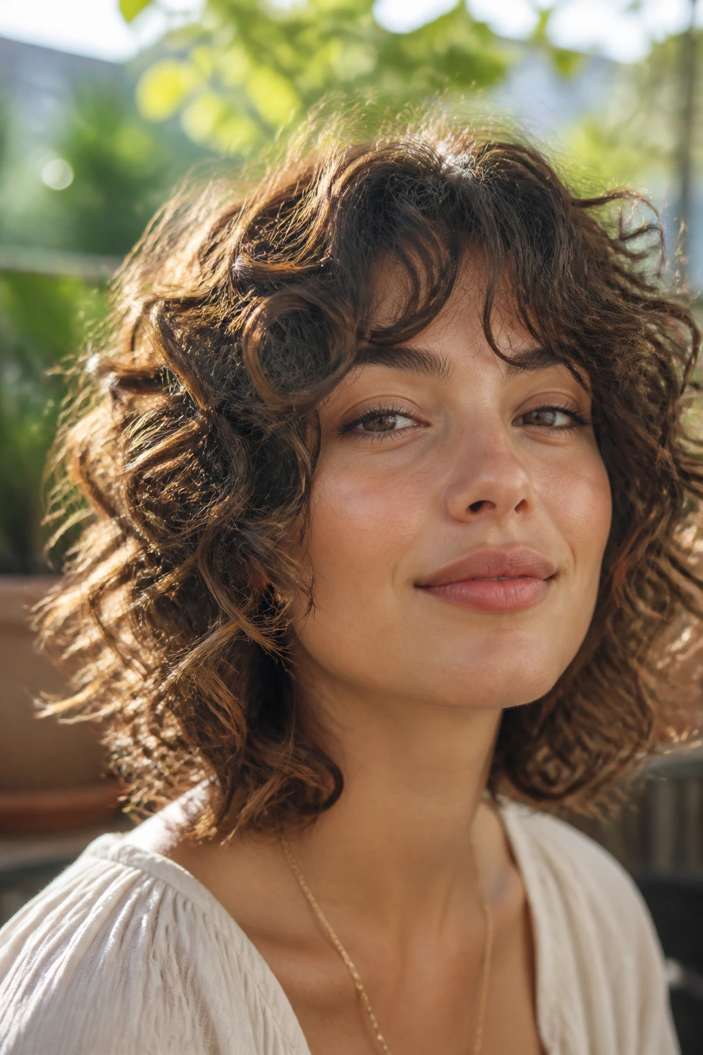 Close-up of a real woman with shoulder-length curly shaggy bob and curtain bangs in natural daylight