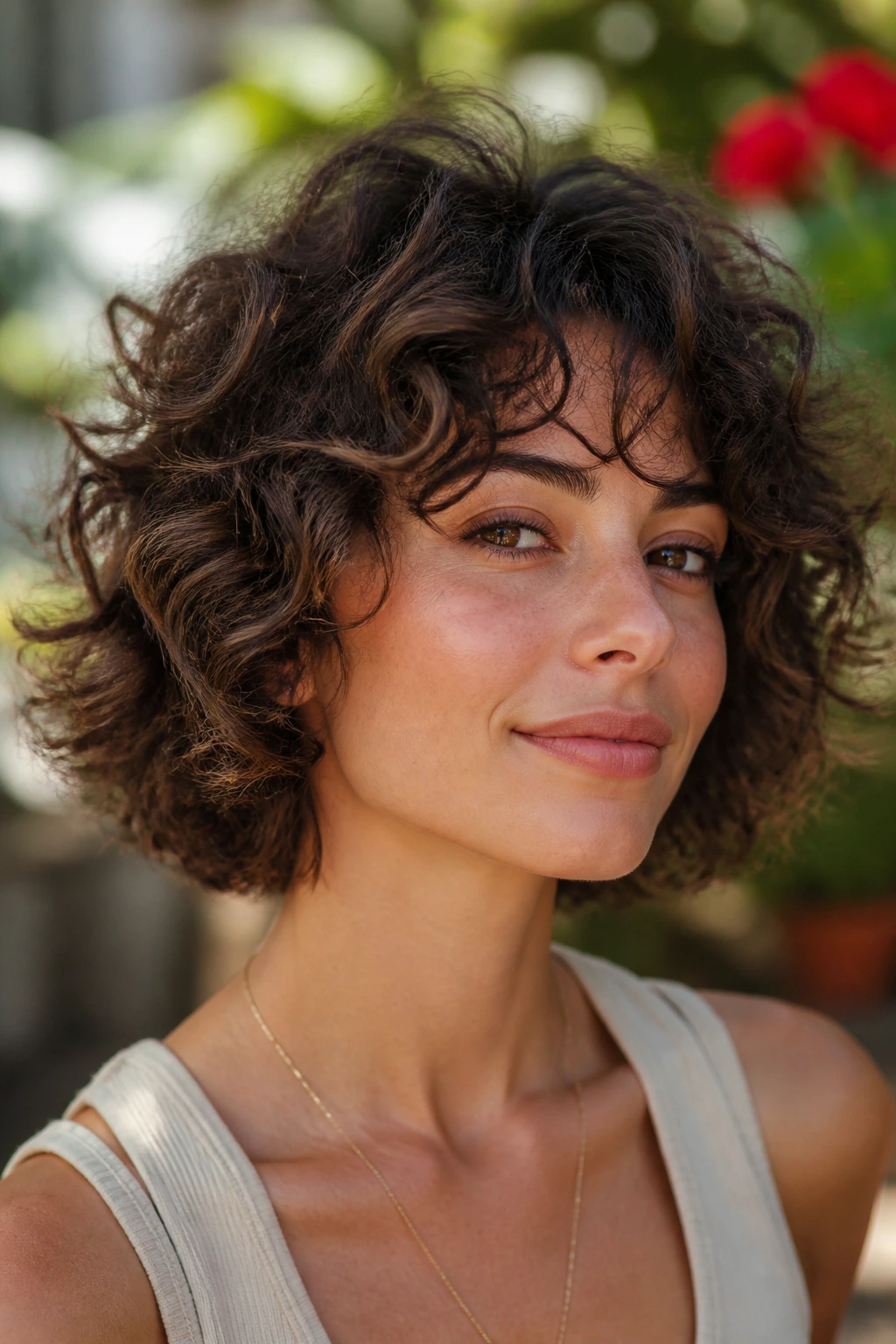 Close-up of a real woman with a curly shaggy bob