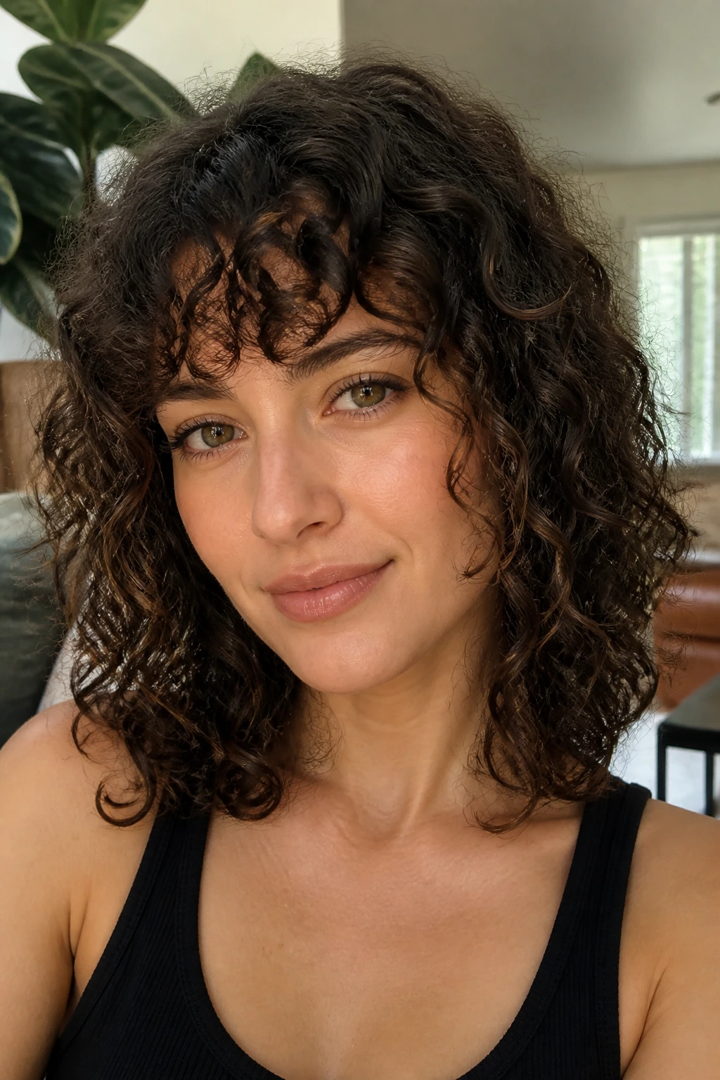 Close-up of real woman with curly shoulder-length hair and ringlet bangs