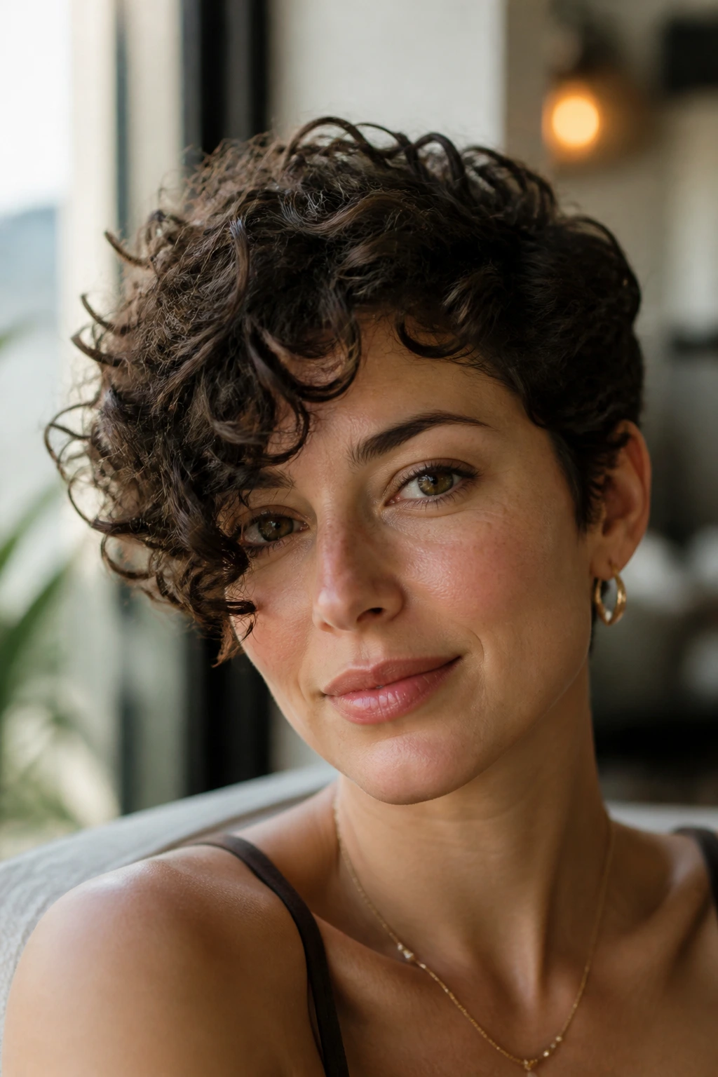 Portrait of a woman with short curls swept to one side