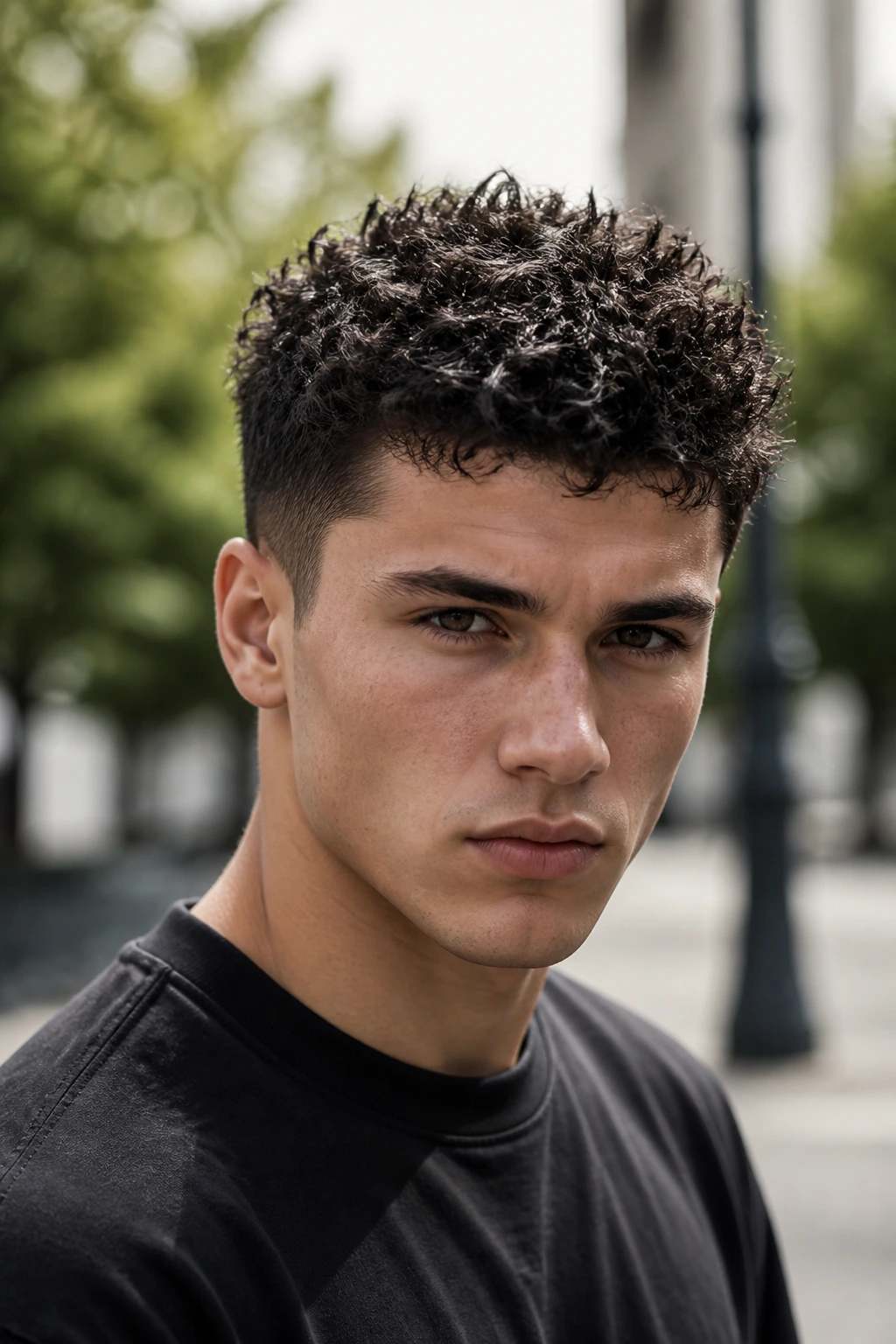 Close-up of a real man with a curly spiky crop in an urban setting
