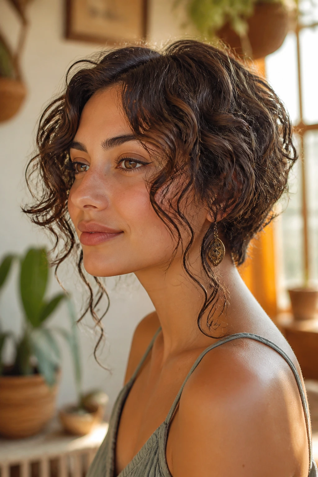 Close-up portrait of a real person with a curly stack and long tendrils around the face.