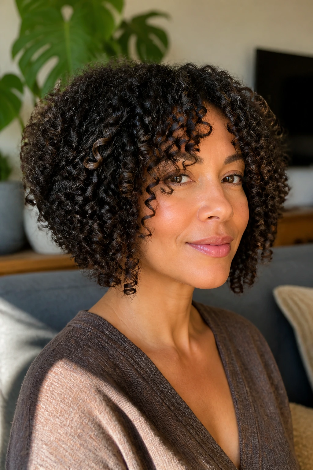 Portrait of a real woman with a curly stacked bob, curls layered at the back framing the face.