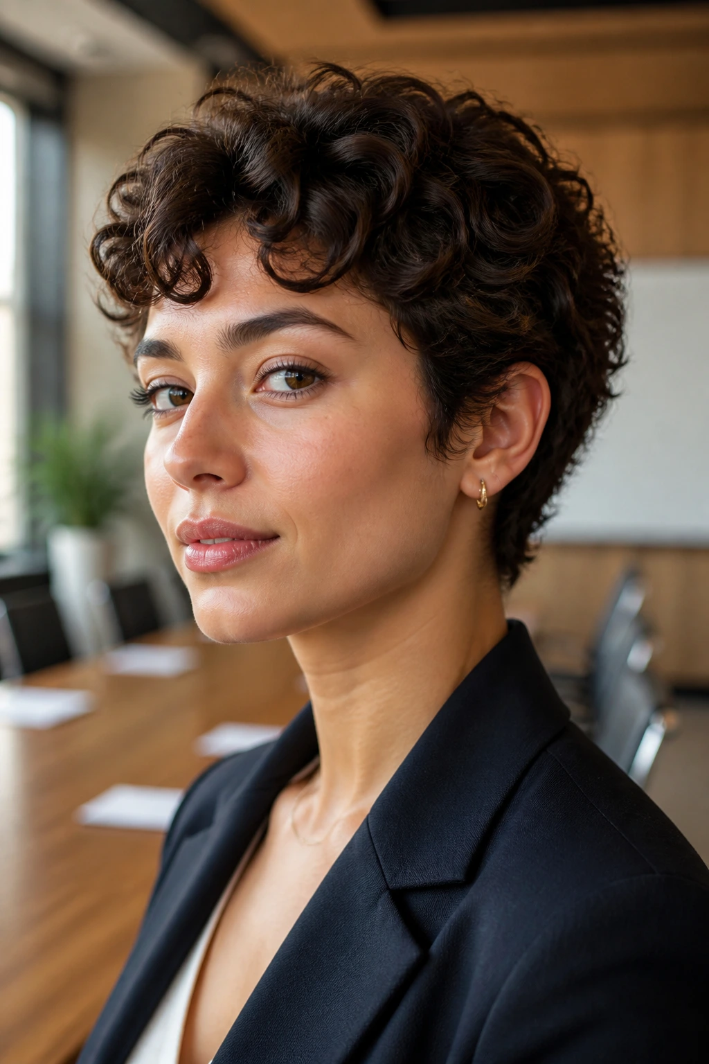 Close-up of a real person with a curly stacked crop in a conference room