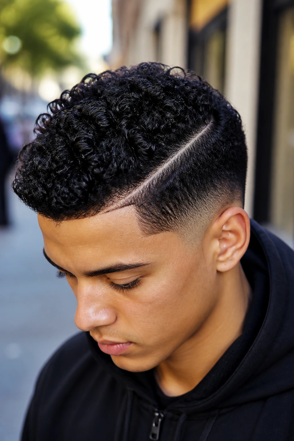 Portrait of man with curly taper and hard part in morning light.