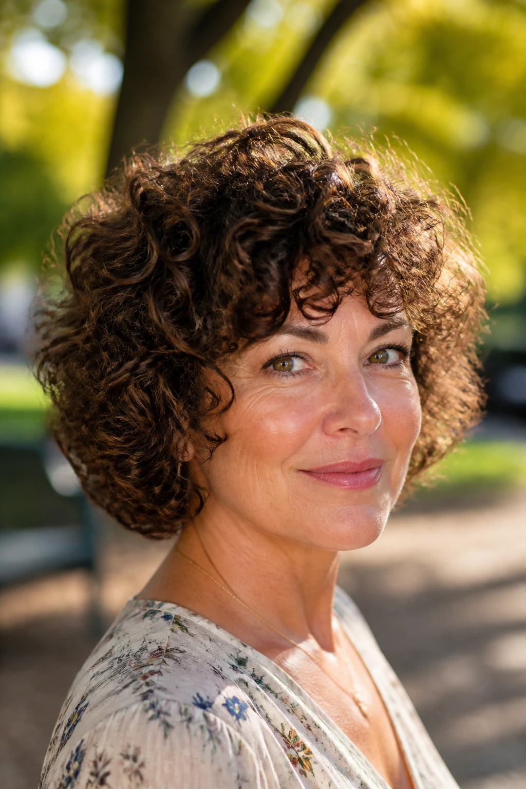 Portrait of a woman with curly tapered bob and natural curls