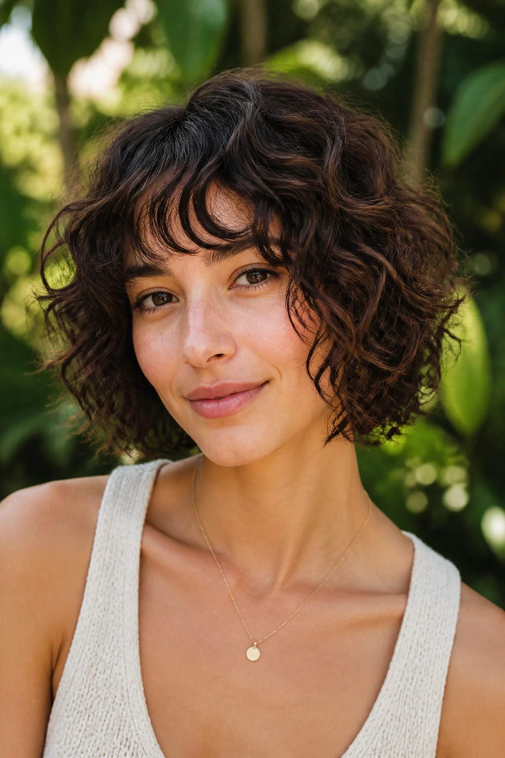 Close-up of a real person with curly texture piecy bob outdoors in a garden.
