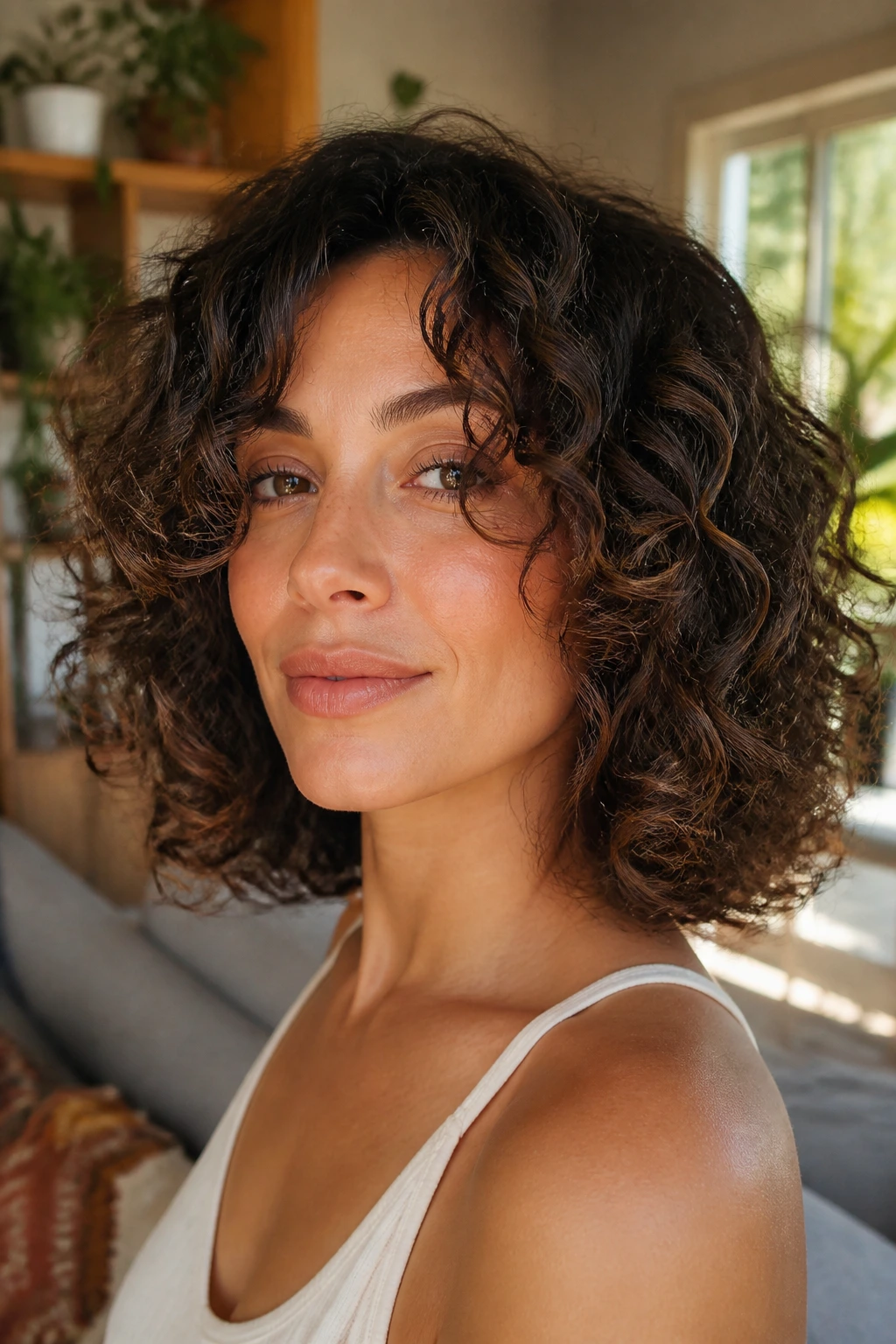 Portrait of a woman with curly-textured bob and curtain bangs in a cozy sunlit room.