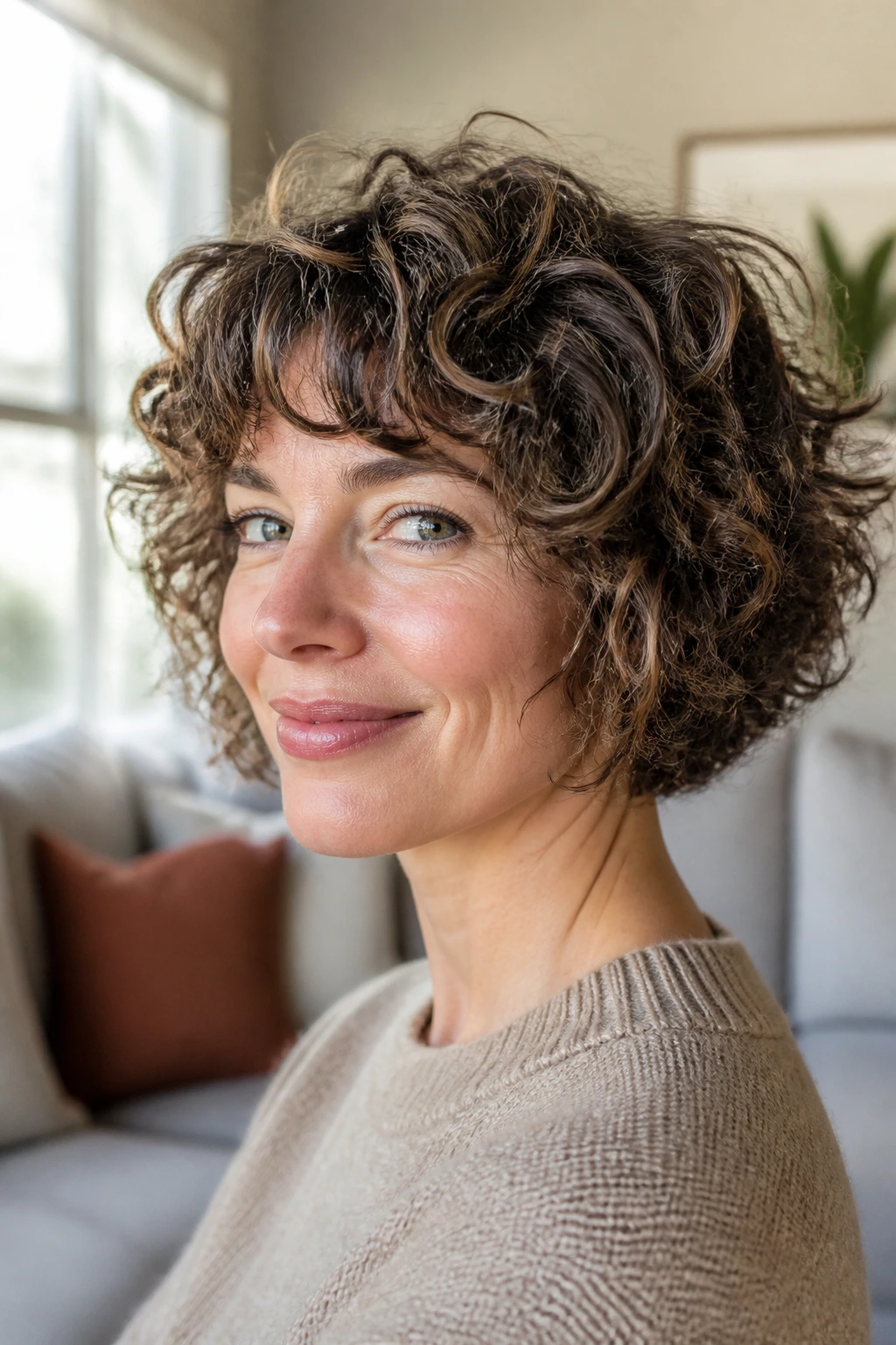 Close-up of a real woman with curly-textured choppy bob and voluminous curls.