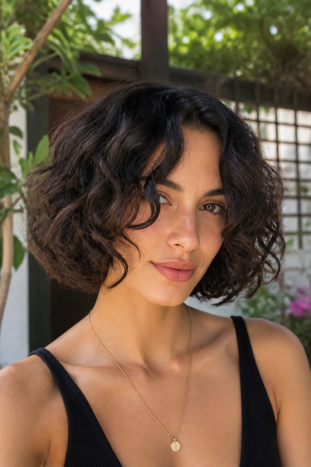 Close-up of a woman with curly-textured bob outdoors.