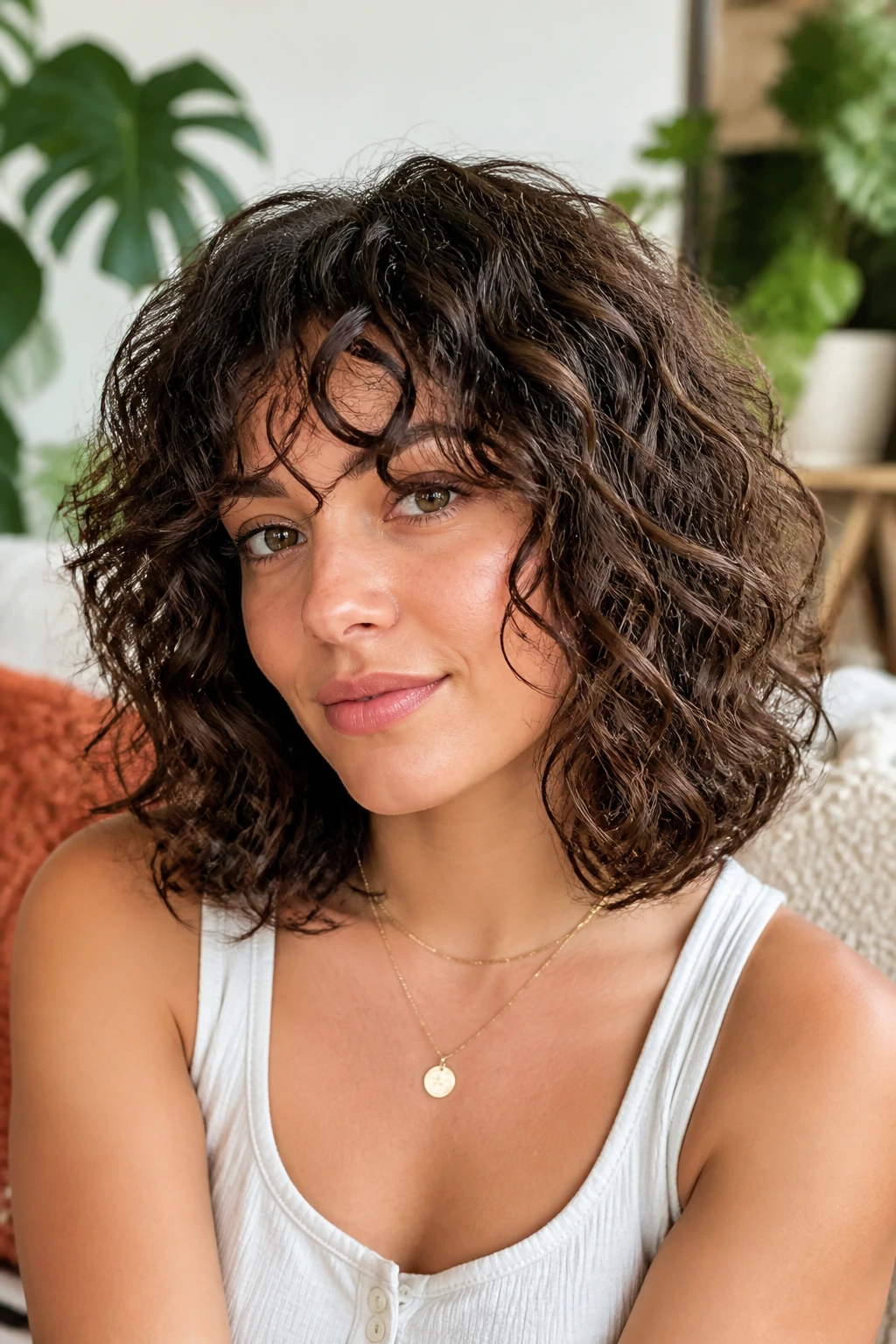 Close-up portrait of a person with curly-textured long bob and layered curls.