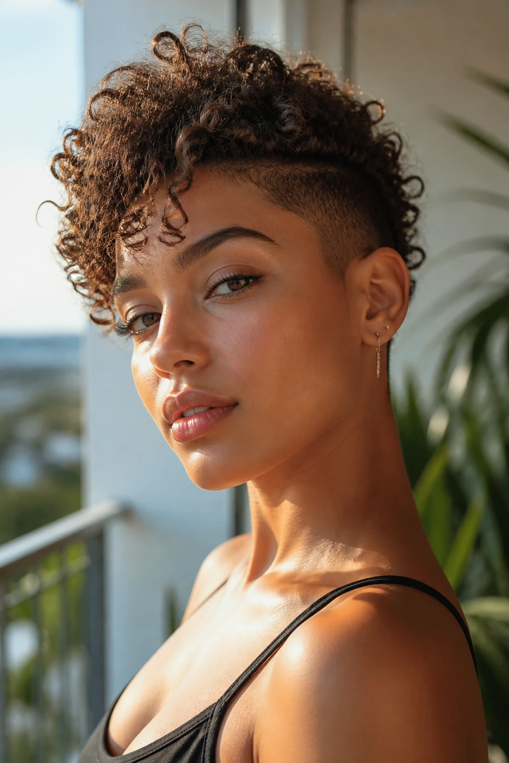 Close-up of a woman with curly top and tapered fade