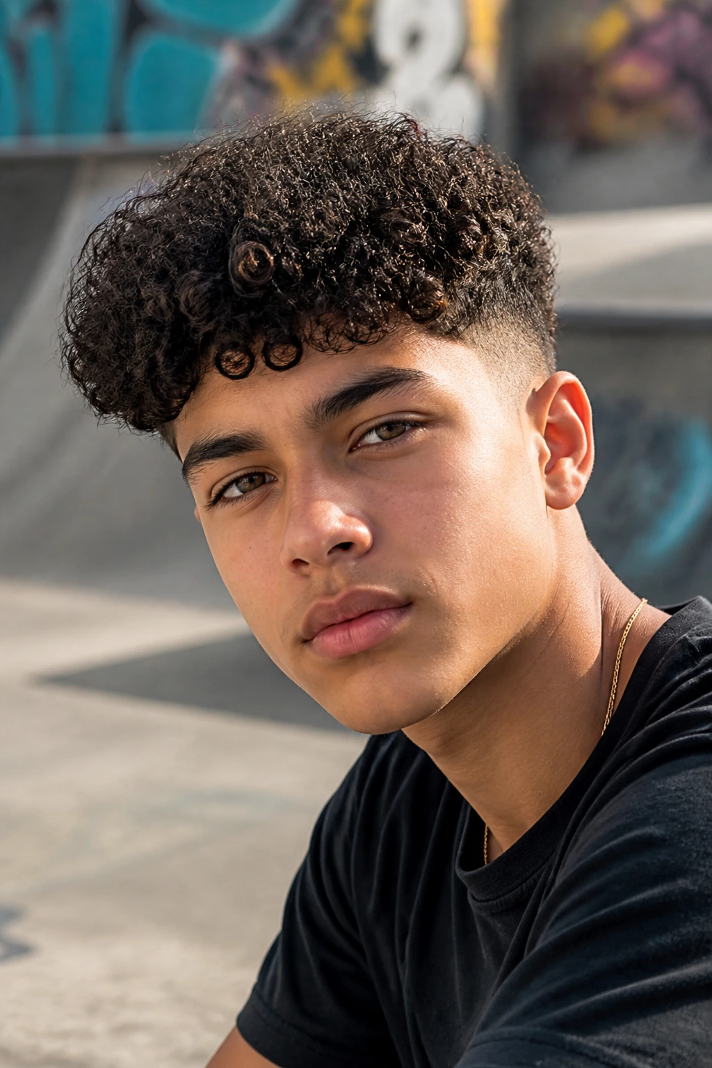 Teen boy with curly top and fade at skate park