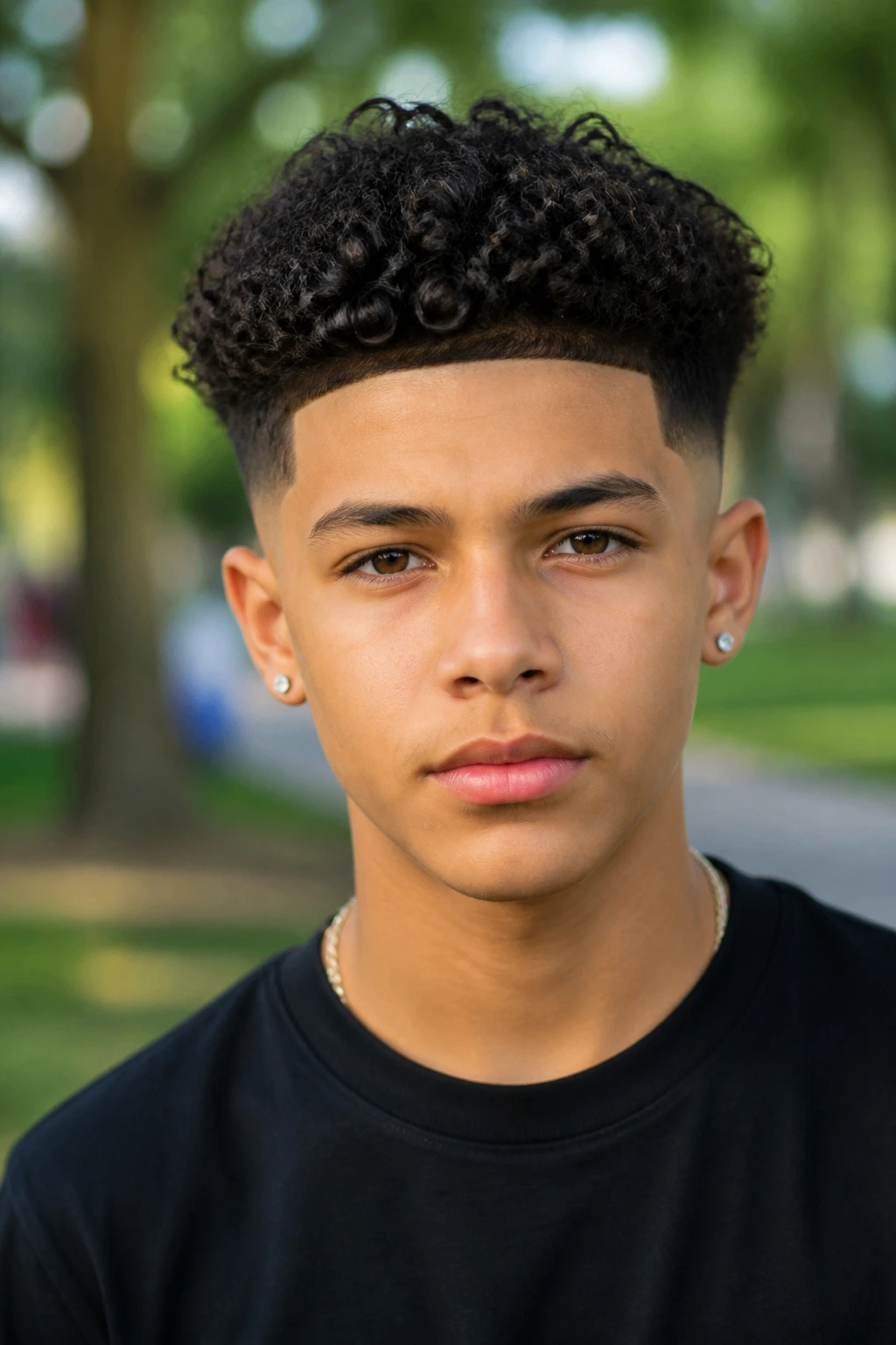 Front-facing teen with curly top and tapered fade