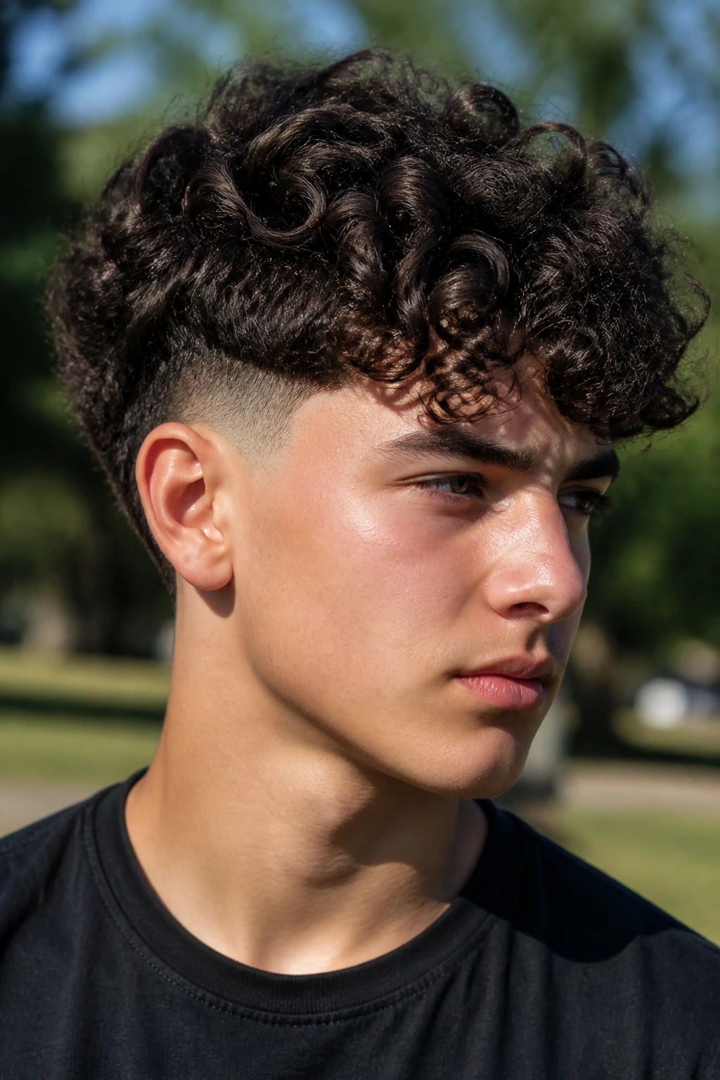 Teenage boy with curly top and drop fade outdoors.