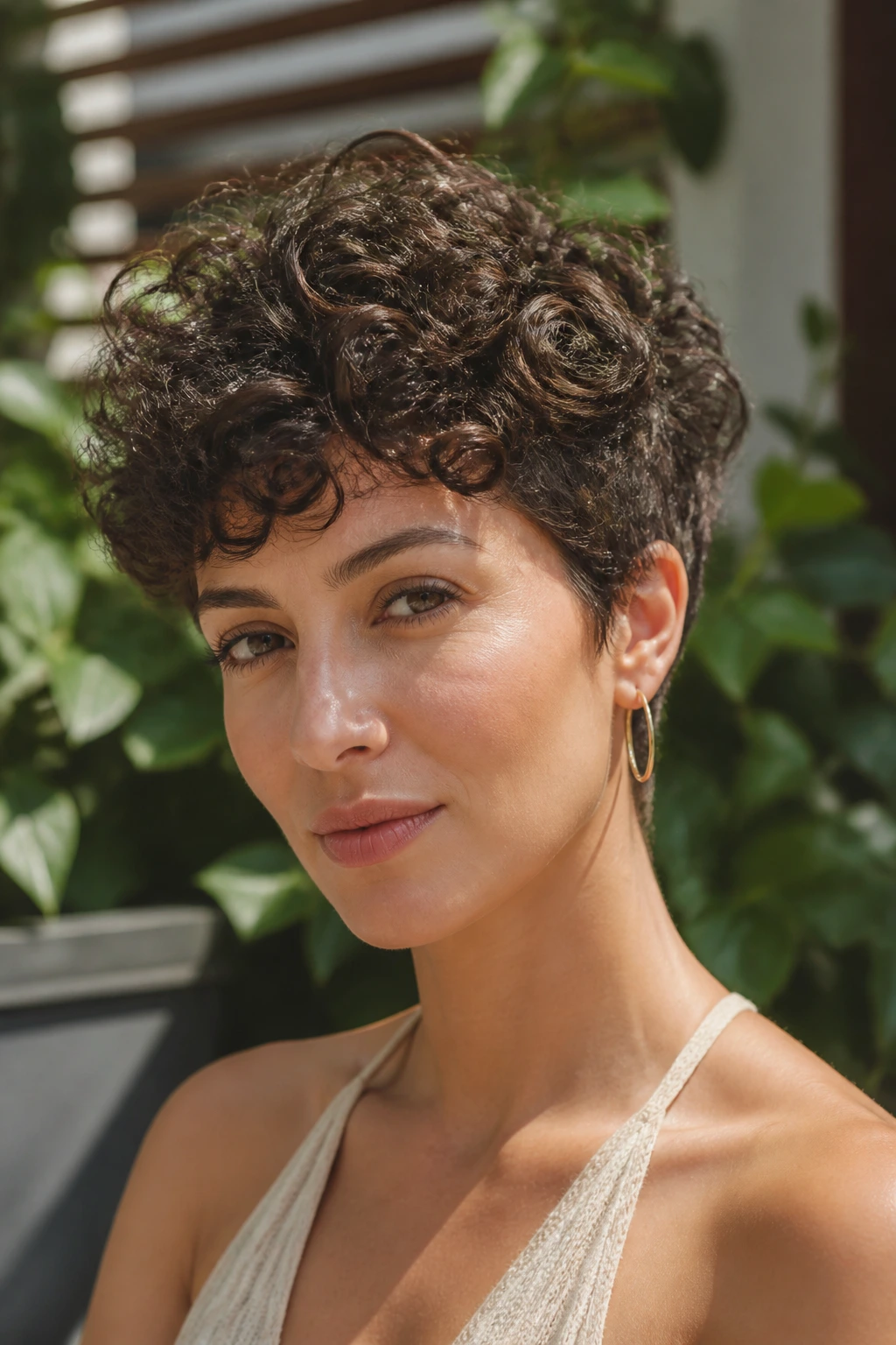 Close-up portrait of a real woman with a curly top-heavy crop on a sunny patio