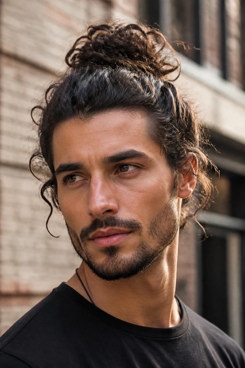 Portrait of a real man with a curly top knot on an urban street