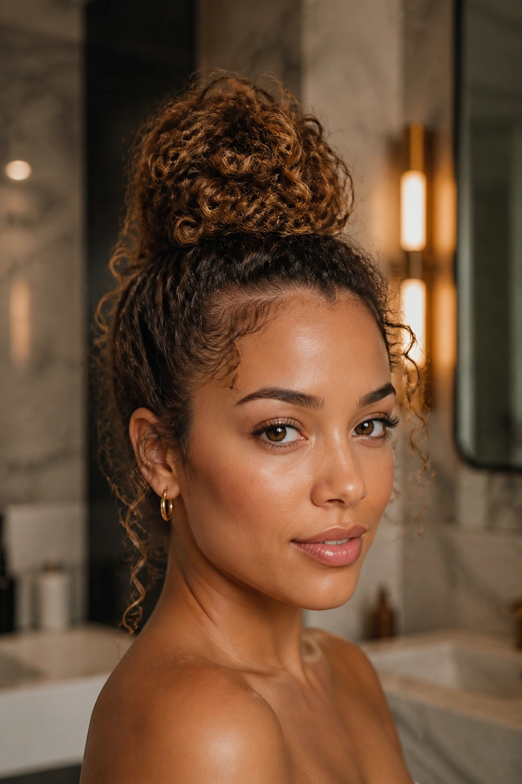 Portrait of a woman with a curly top knot hairstyle