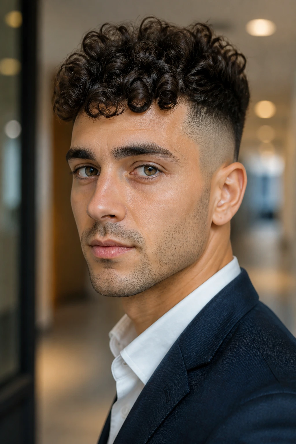 Close-up portrait of a person with curly top undercut