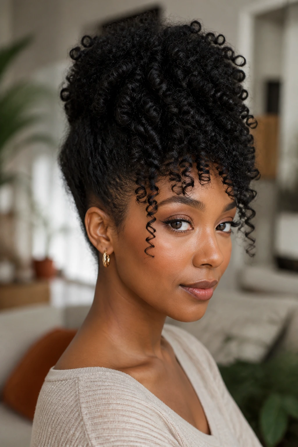 Close-up of a real person with a curly top updo