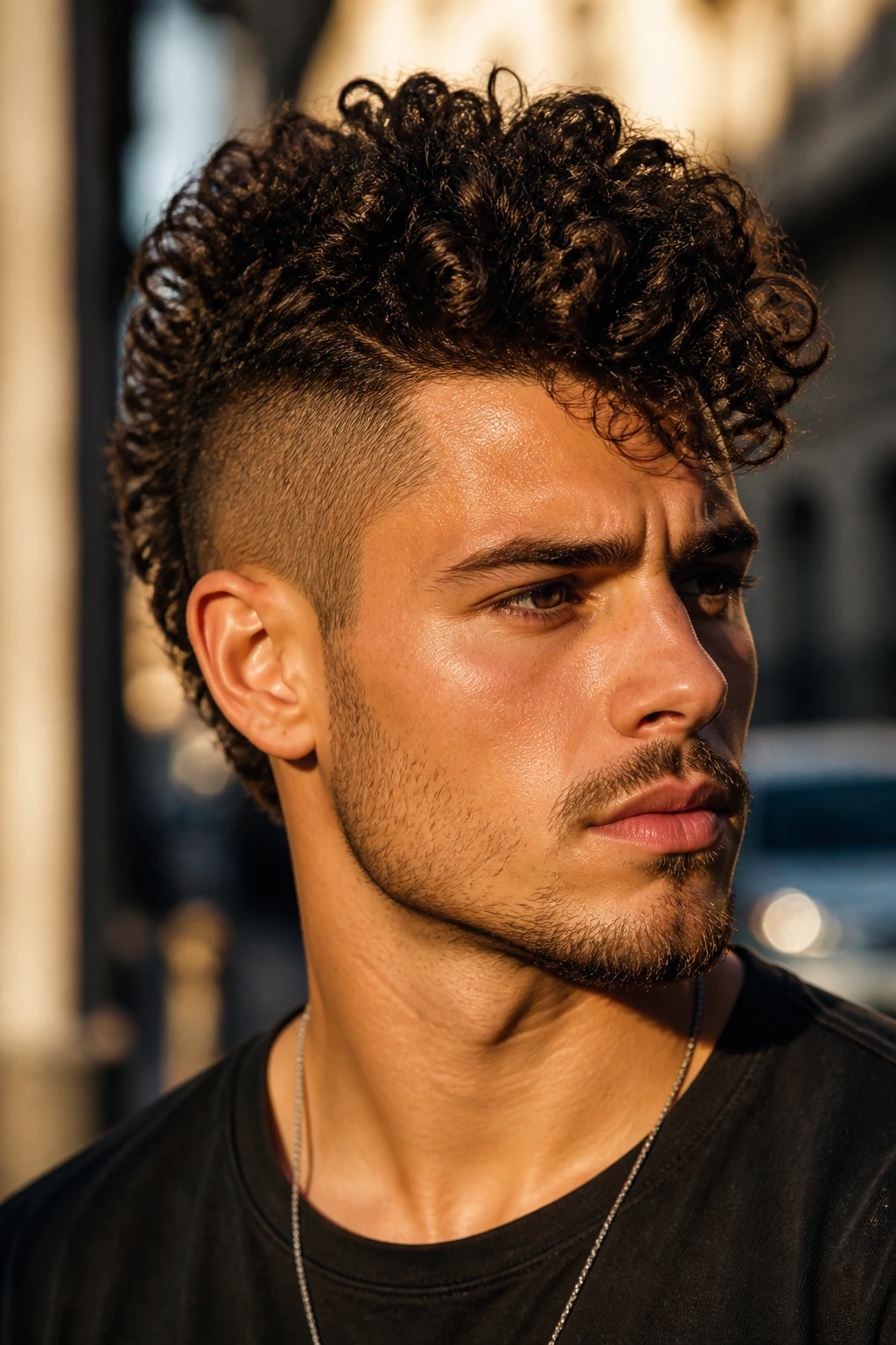 Real person with curly undercut faux-hawk hairstyle