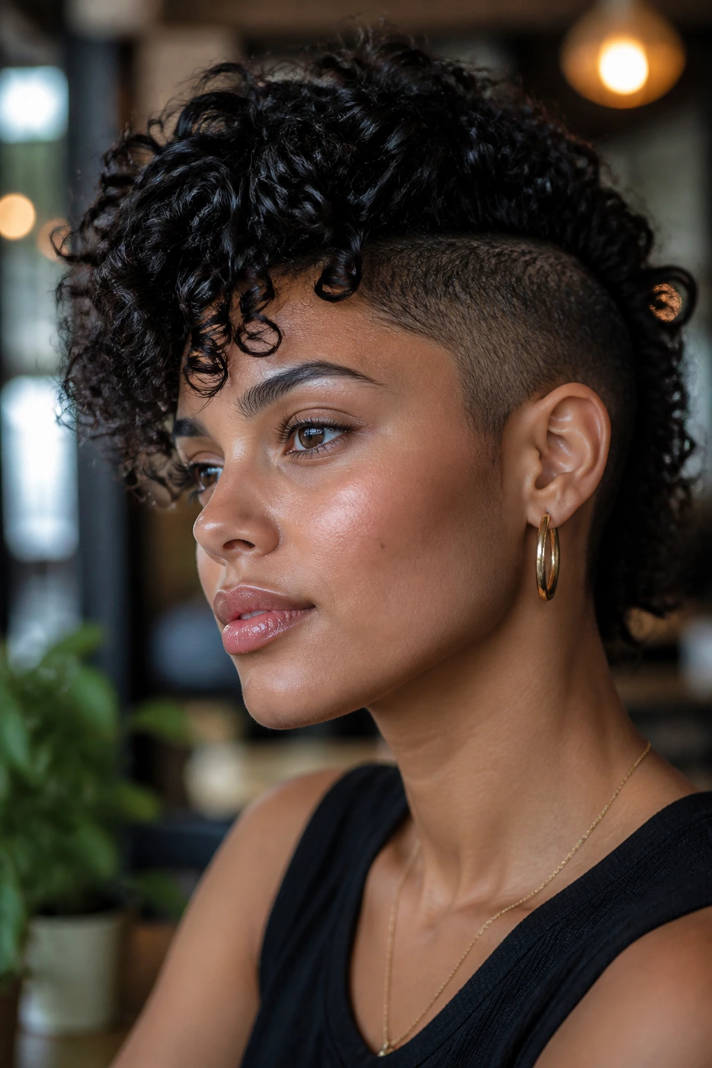 Real person with curly undercut mohawk in a chic cafe setting