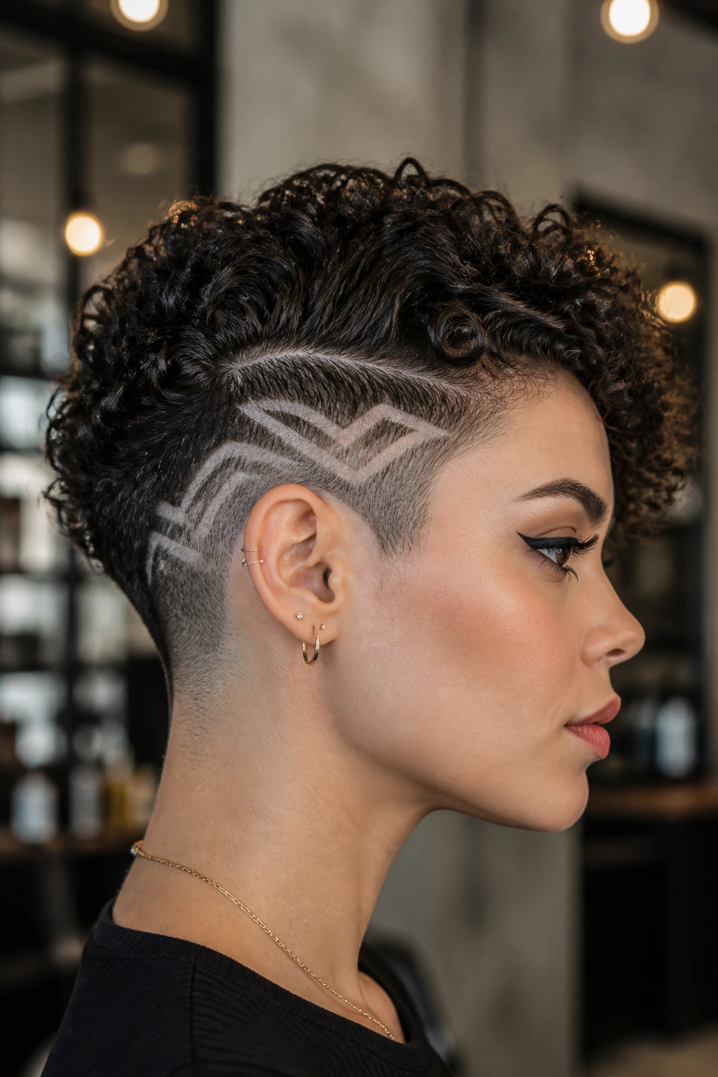 Side-profile of a real person with curly undercut pattern