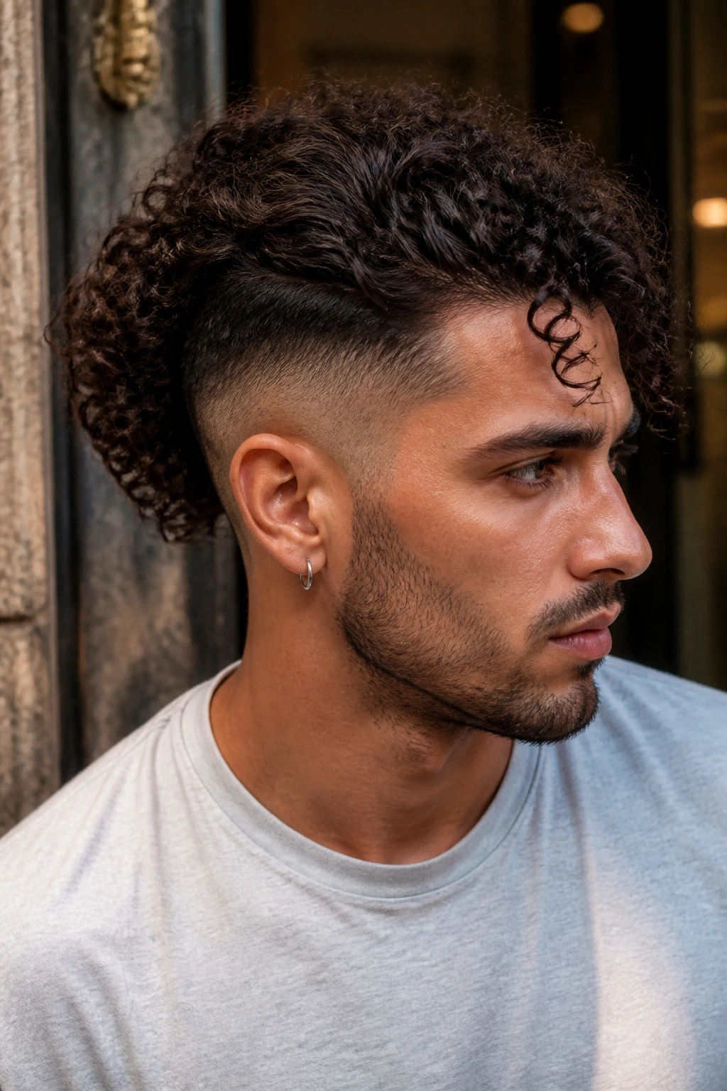 Close-up portrait of a real man with a curly undercut, sides shaved, top curls pulled into a bun.