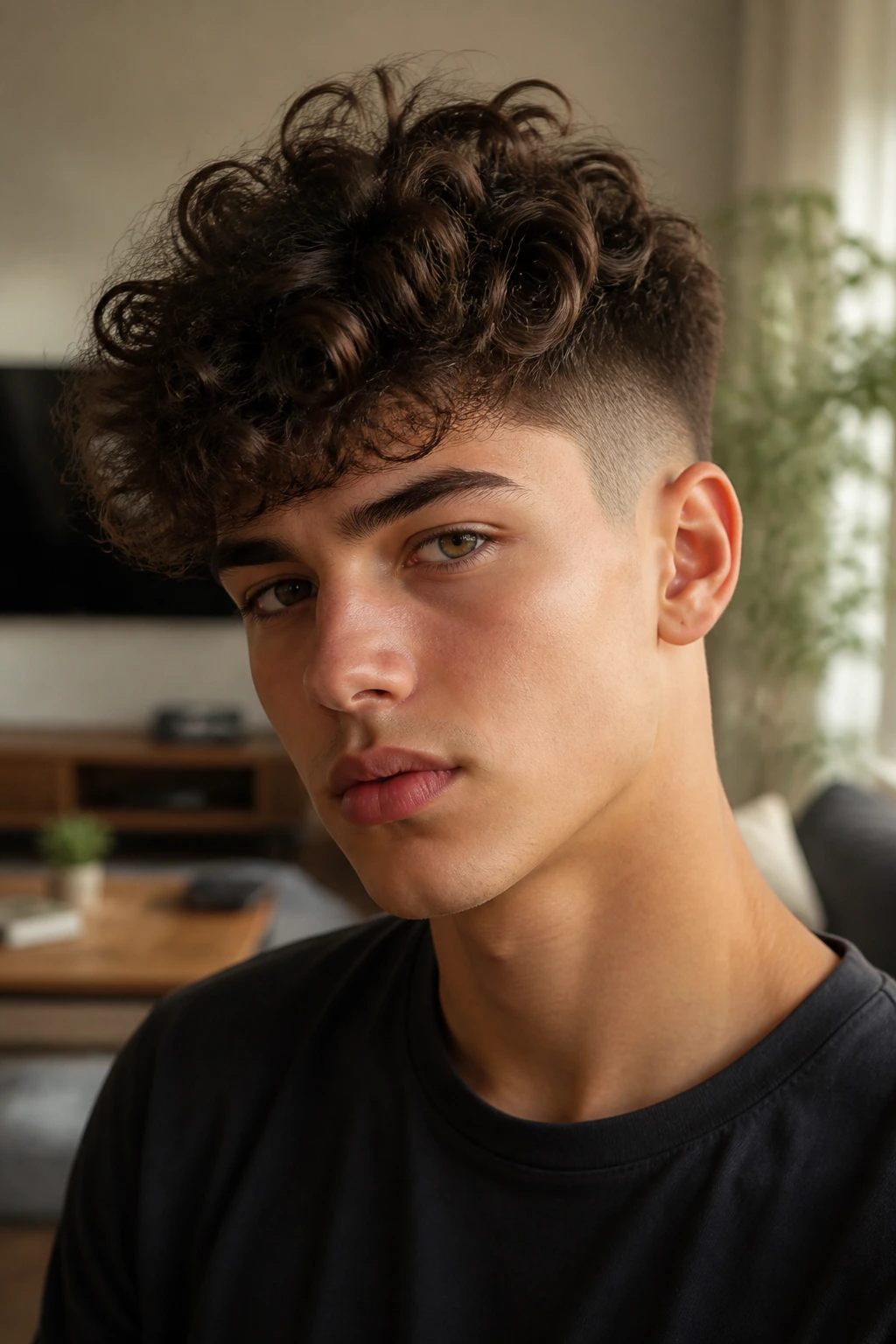 Teen boy with curly undercut, close-up portrait in living room