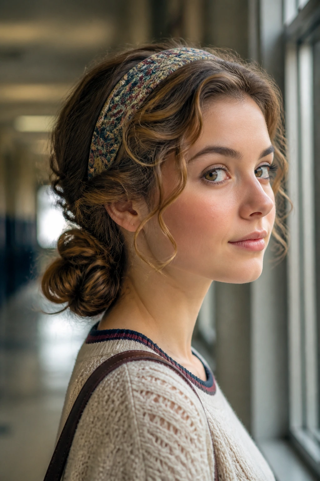 Close-up of a real student with a curly updo and headband in a school hallway