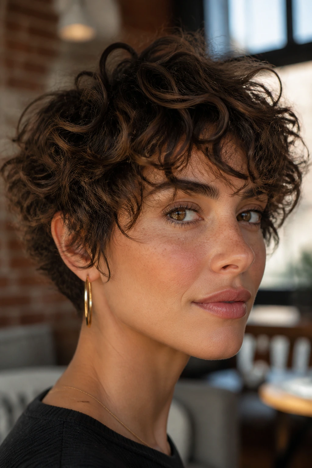 Close-up portrait of a real woman with a curly-wave pixie bob