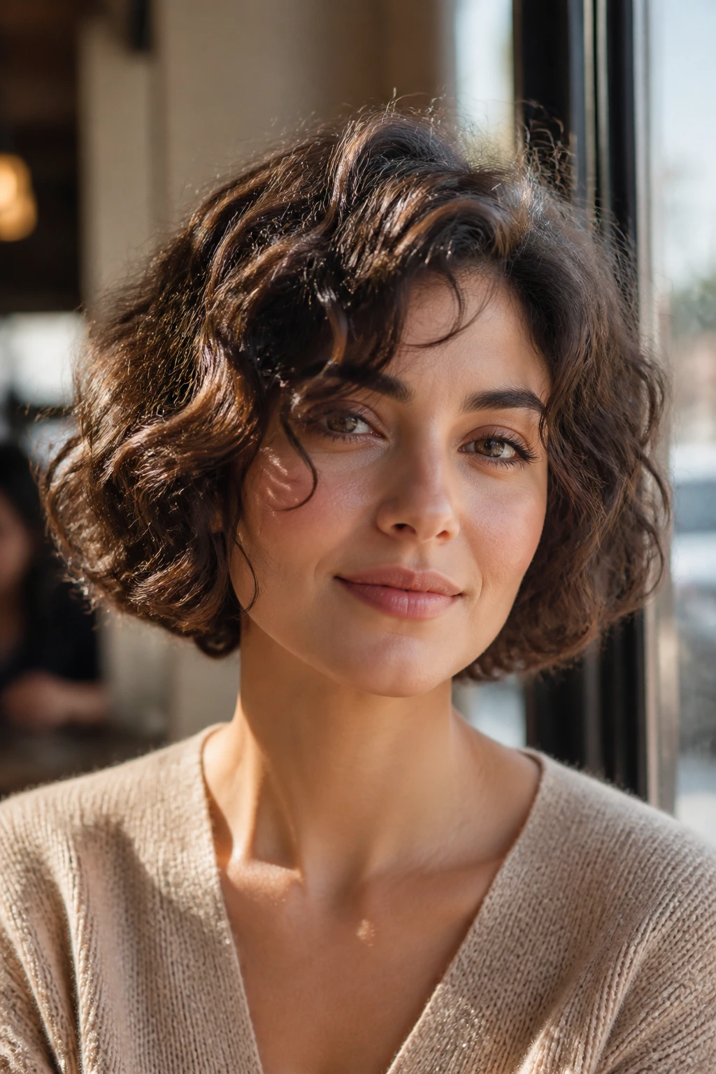 Close-up of a real woman's curly wavy bob with chin-length curls.