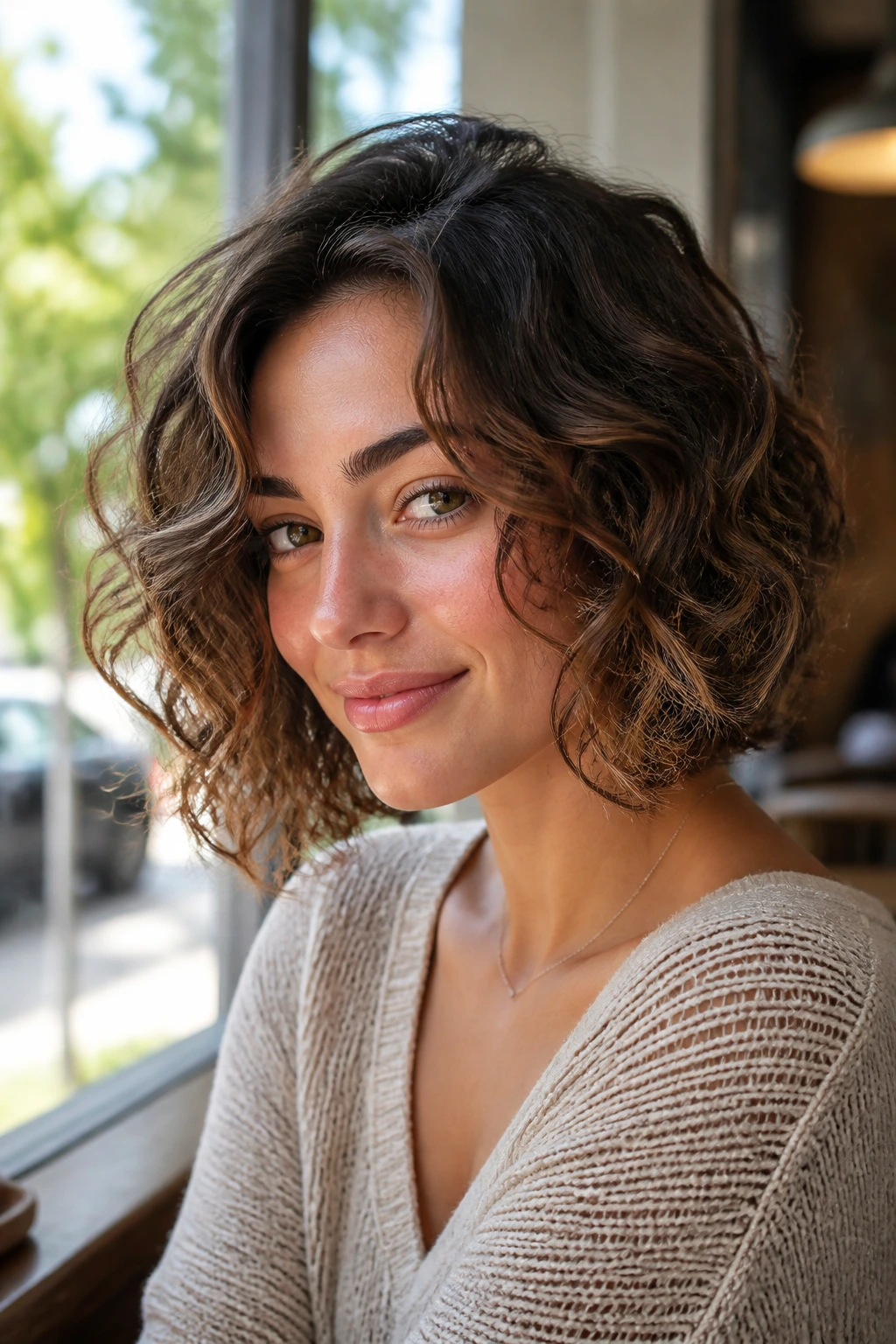Portrait of a real woman with curly-wavy bob and graduated layers in cafe light.