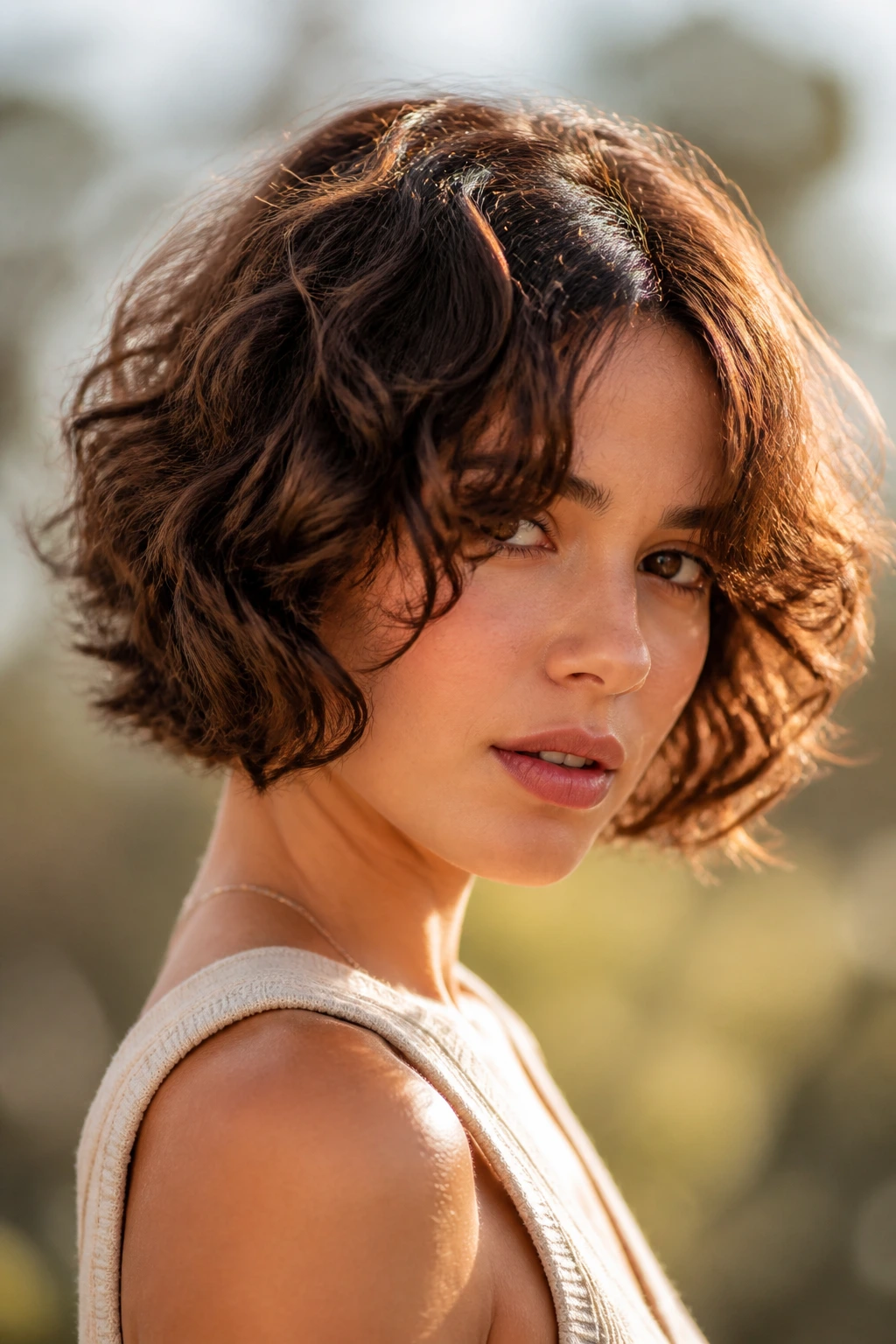 Close-up of a real woman with curly-wavy inverted bob outdoors in daylight