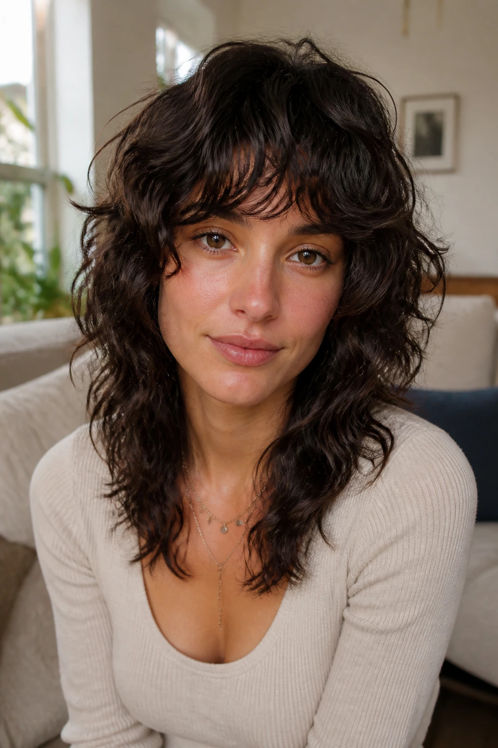 Close-up portrait of a woman with curly-wavy shag bangs.