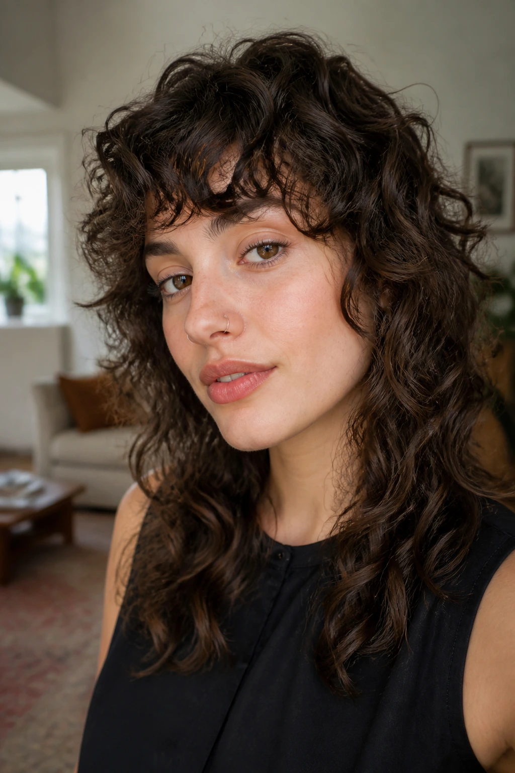 Real woman with curly-wavy shag and short curly bangs in a cozy interior