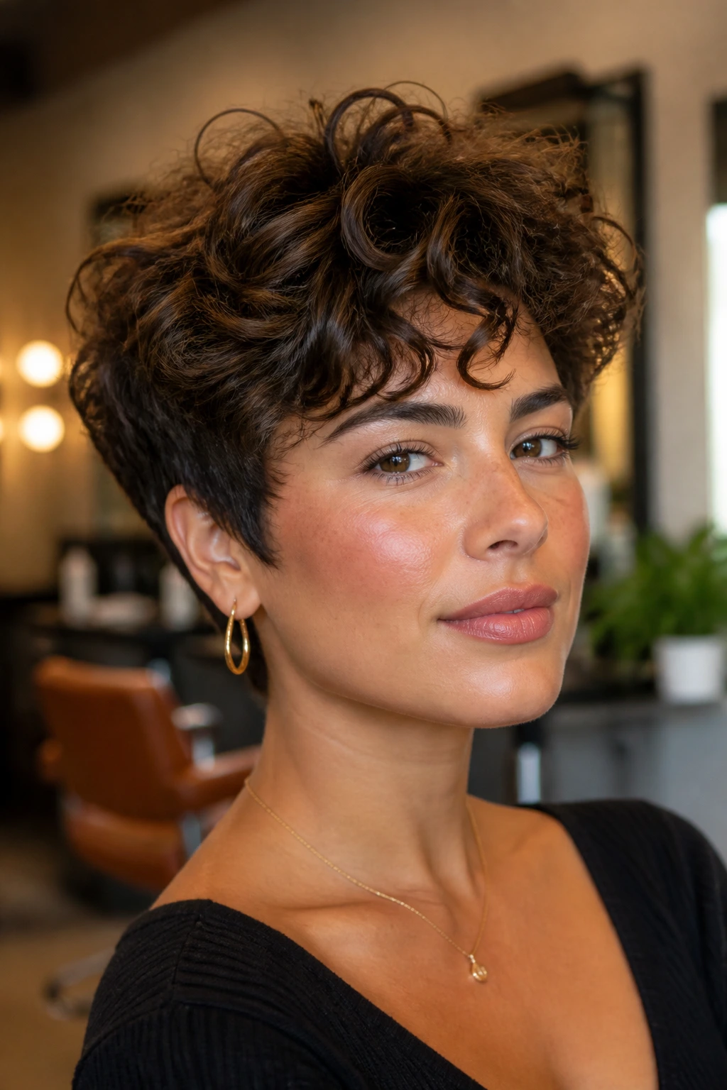 Portrait of a real woman with a curly wedge cut and dramatic crown