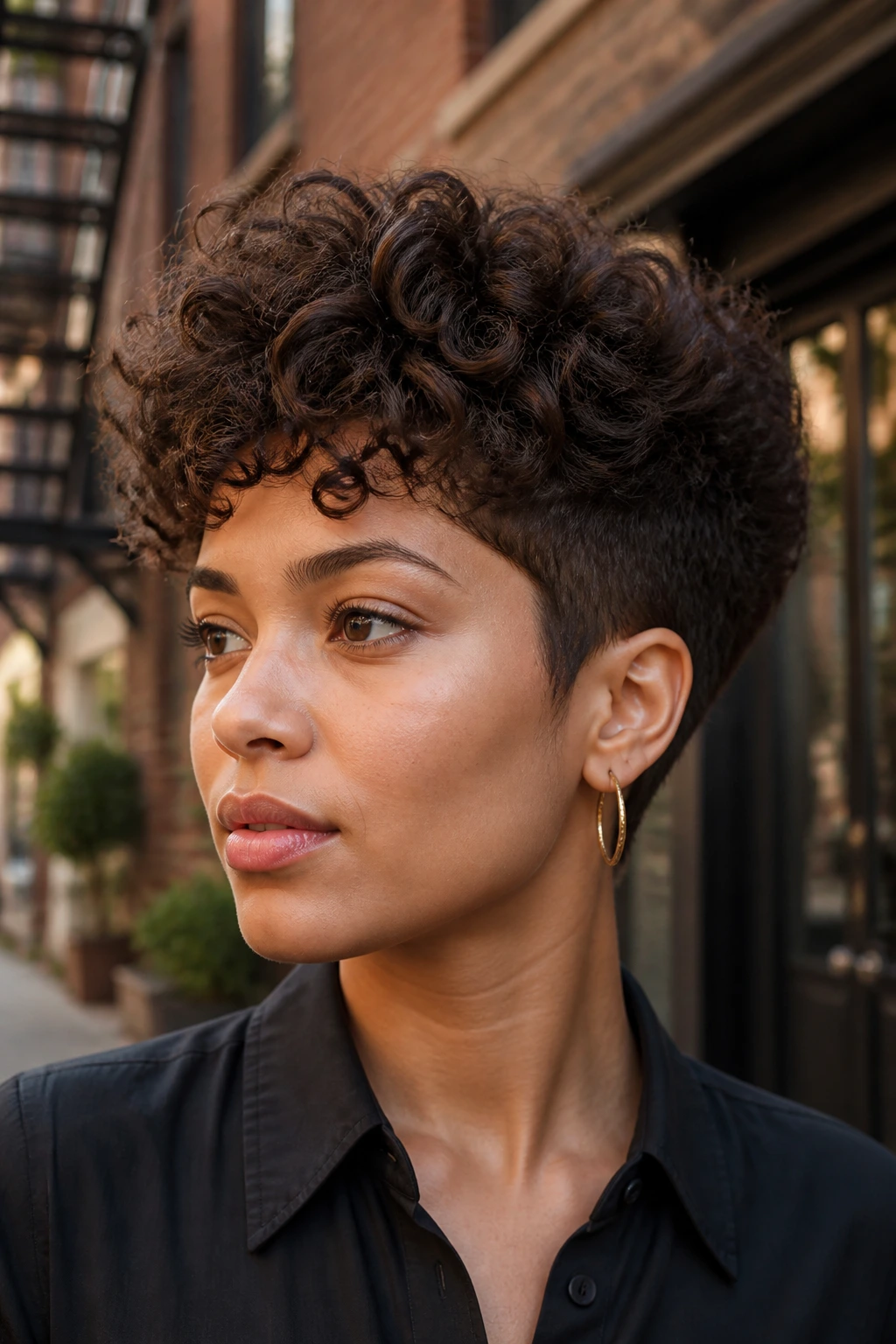 Portrait of a woman with curly wedge cut showing top volume.