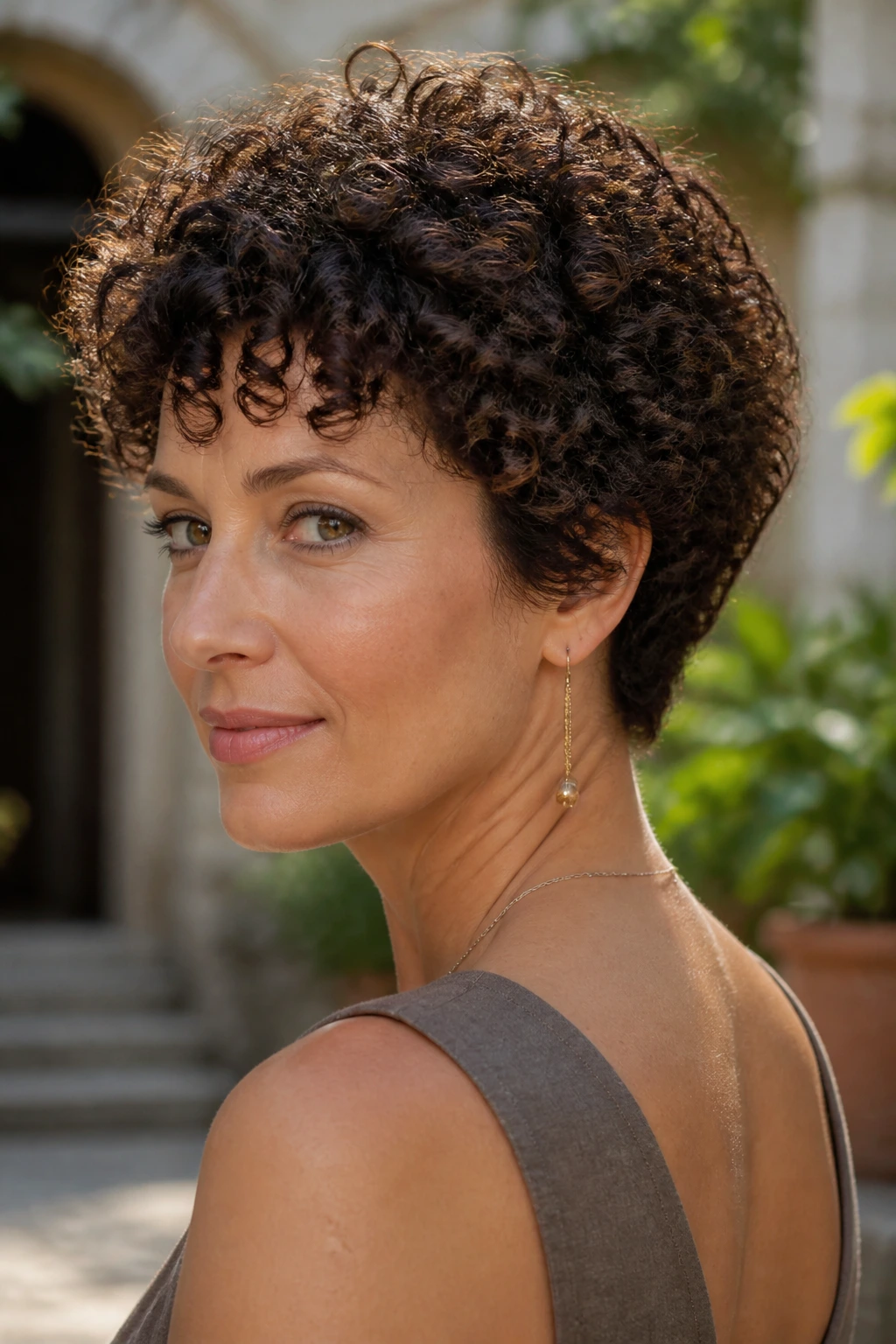 Close-up of a real woman with a Curly Wedge hairstyle.