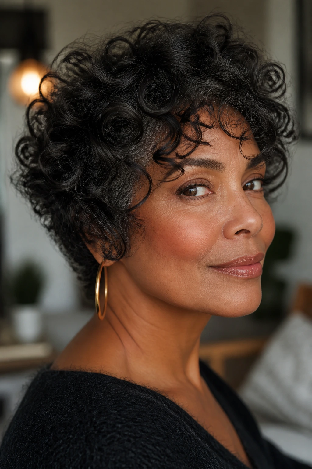Portrait of a real woman with curly wedge illustrating care tips