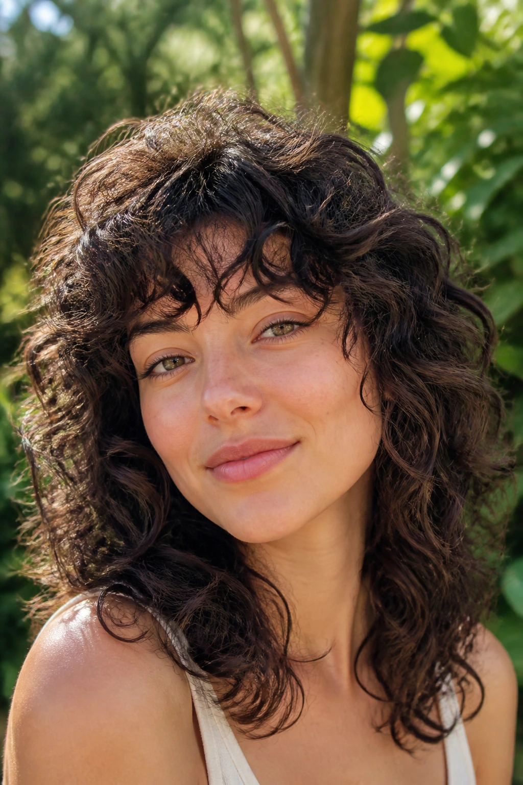 Close-up of a person with curly wolf cut hairstyle in a sunlit garden
