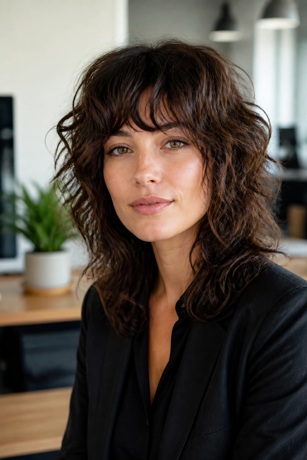 Close-up portrait of a woman with curly wolf cut and soft fringe in a workspace