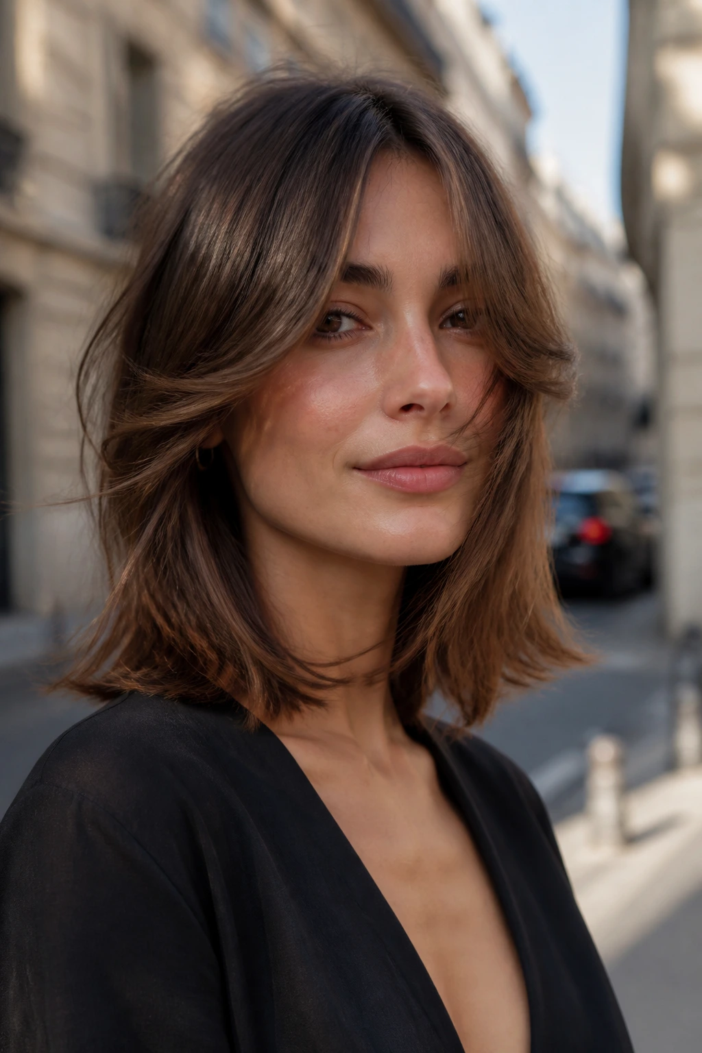 Close-up of a woman with a long curtain-banged lob on collarbone length hair