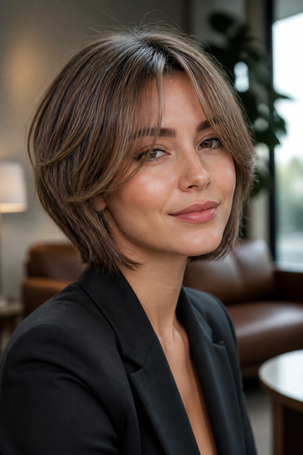 Portrait of a real person sporting wispy curtain-banged stack hairstyle in office setting