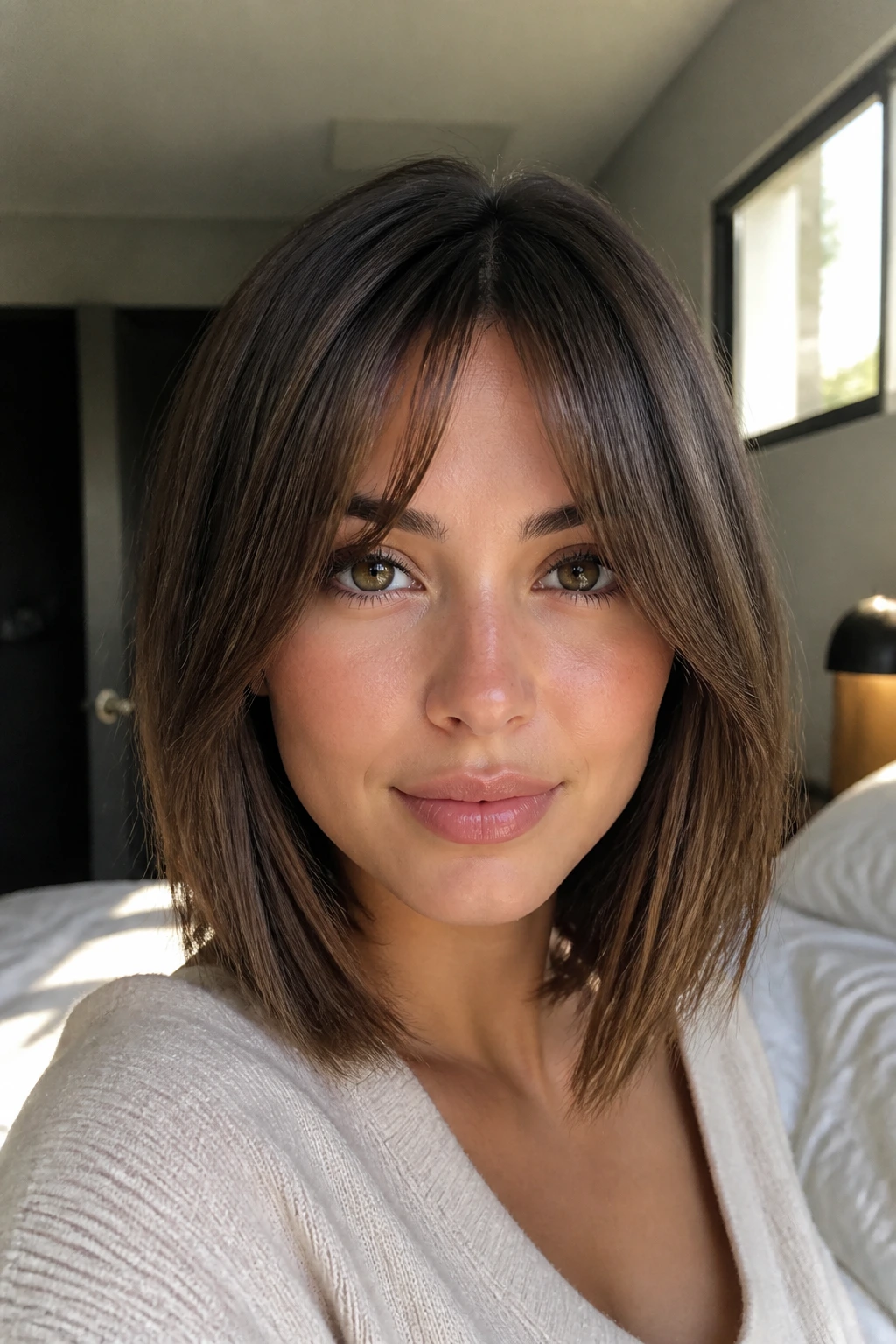 Real woman wearing curtain bangs A-Line in a sunlit bedroom