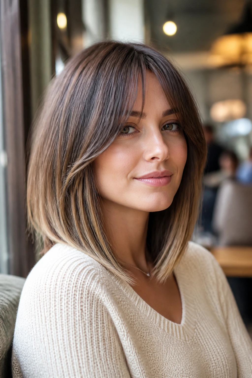 Medium close-up portrait of a real woman with curtain bangs on an angled lob.