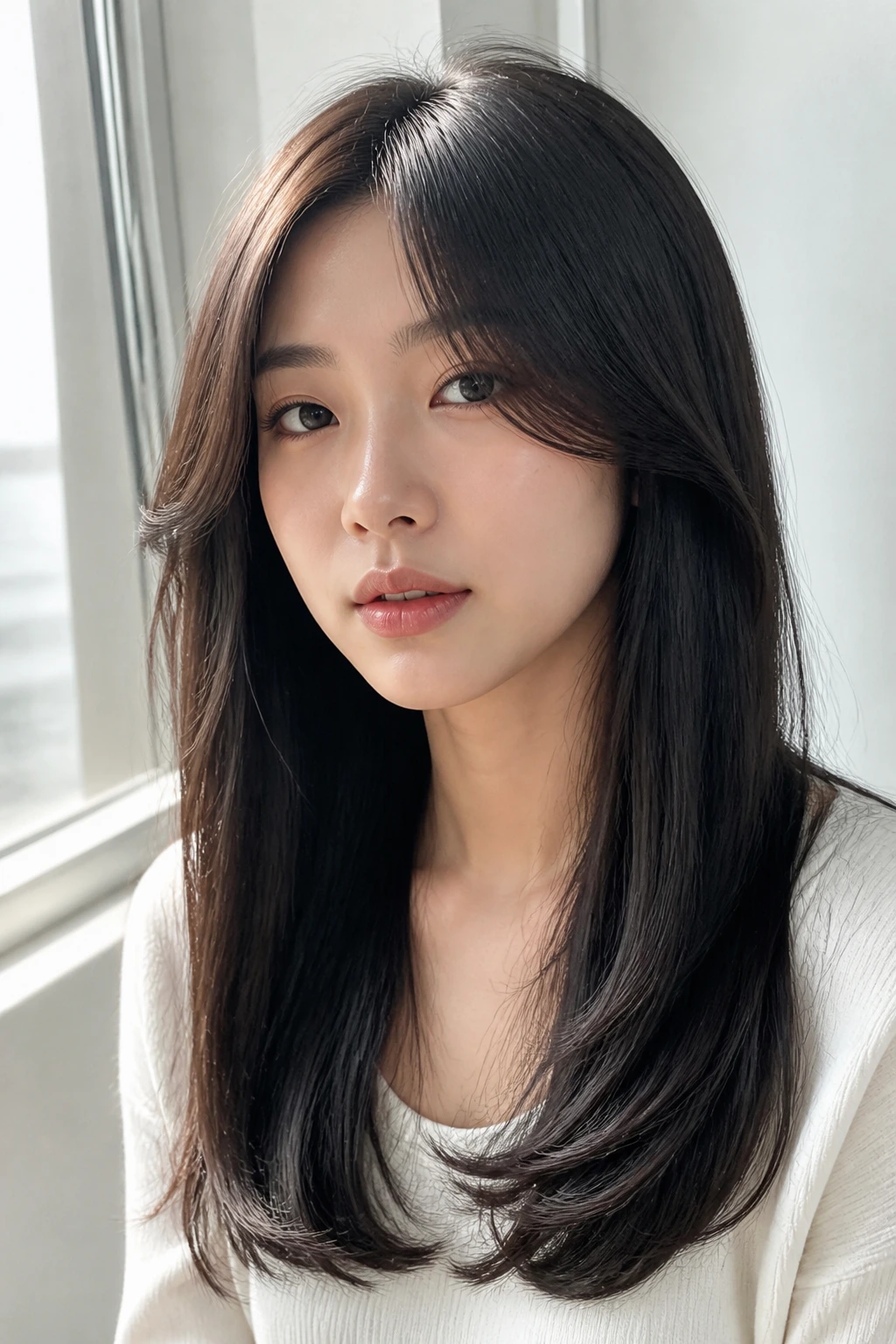 Close-up of real Asian woman with curtain bangs swept to the sides
