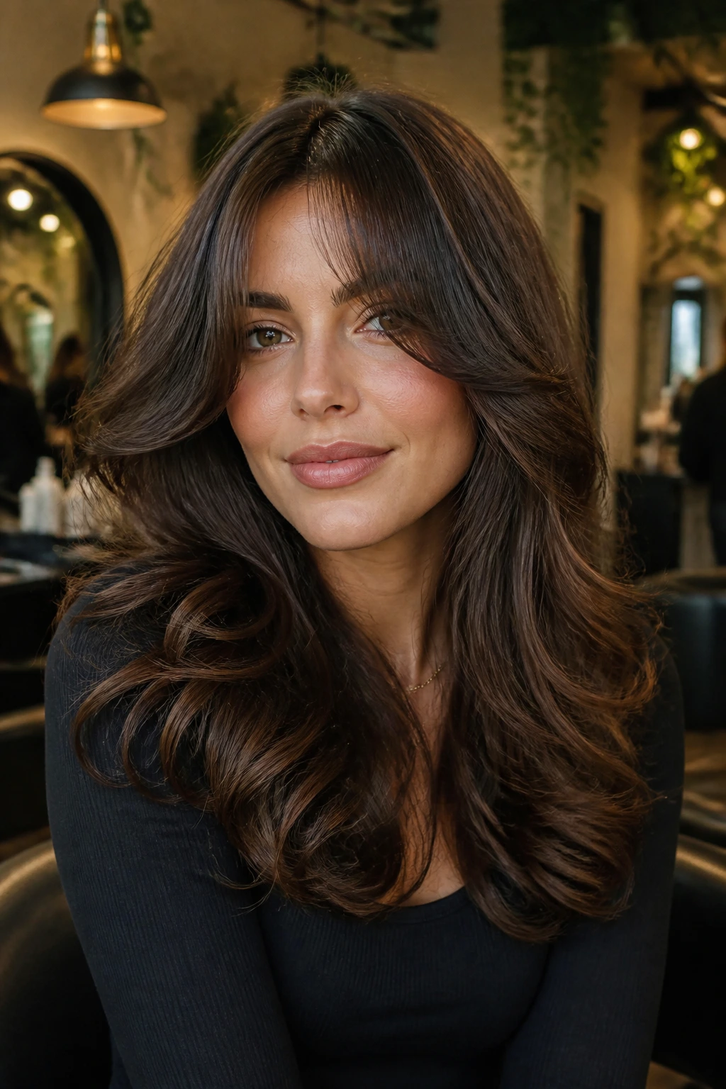Close-up of a woman with blended curtain bangs and long bouncy curls in a salon-like setting.
