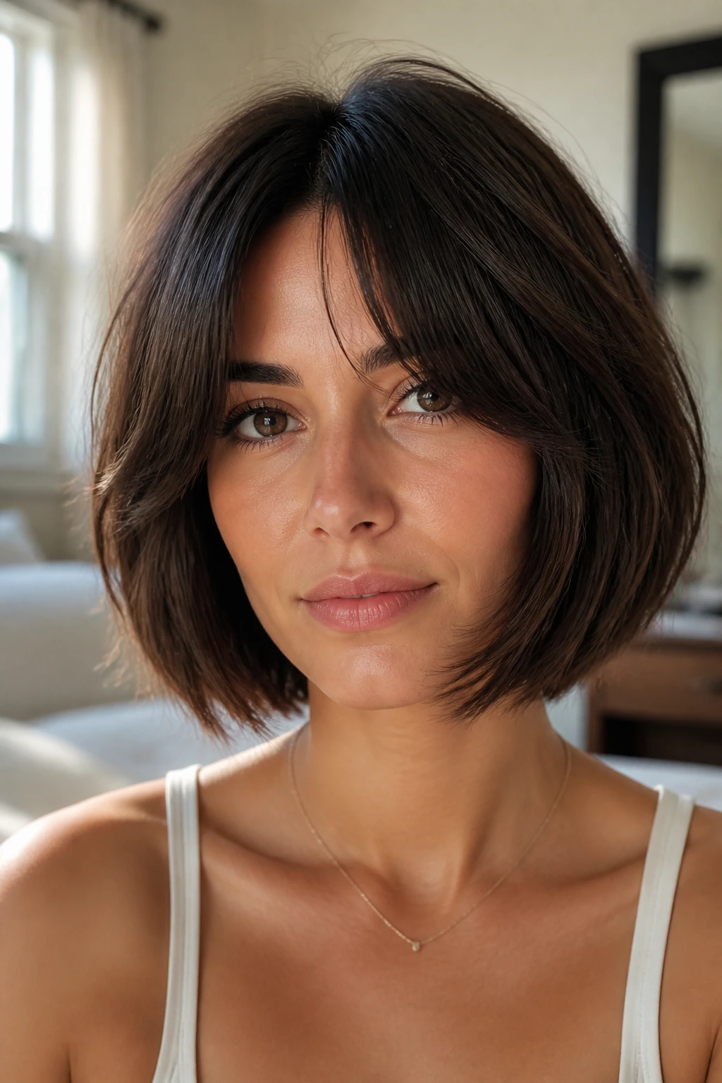 Close-up portrait of a real woman with curtain bangs framed around the face in soft light