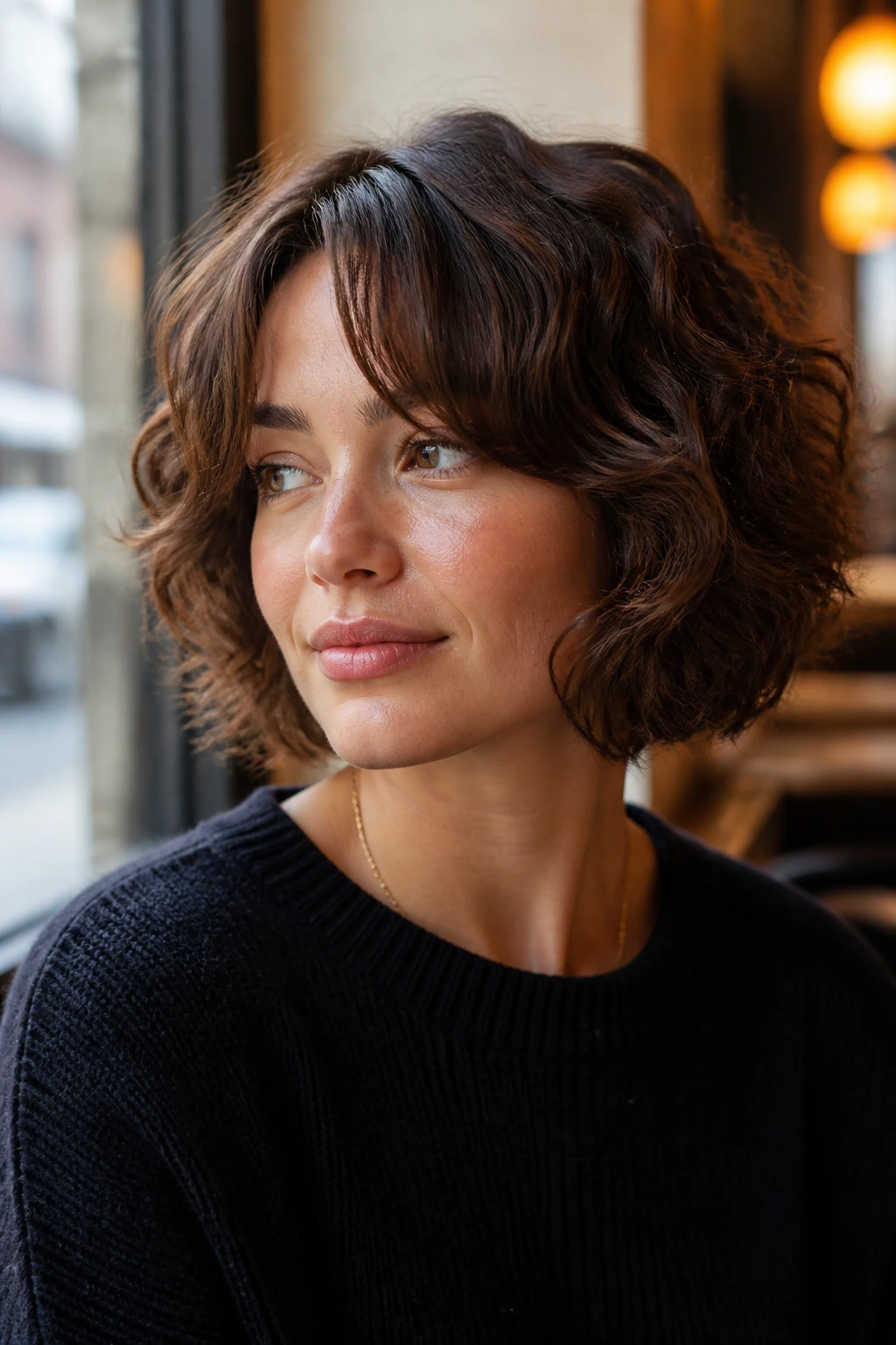 Close-up of a real woman with curtain bangs and chin-length curly bob in a cafe setting.